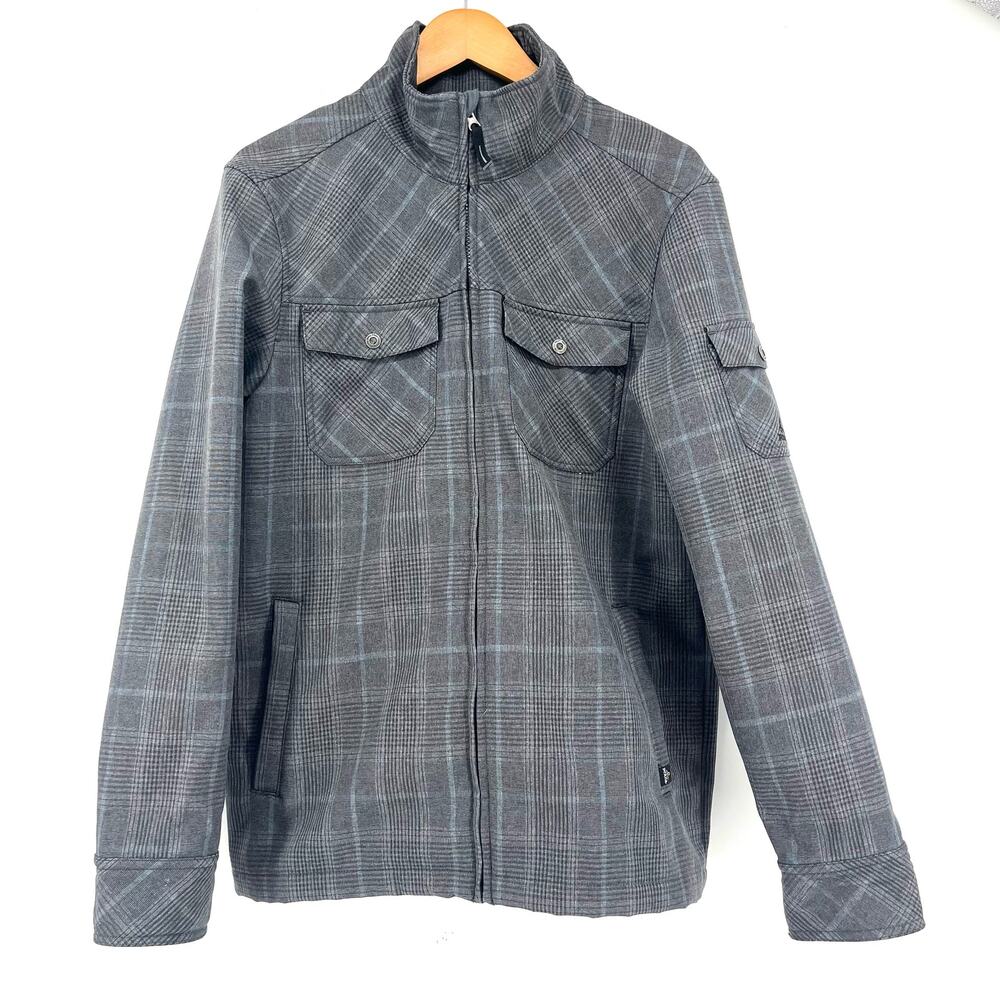 Prana Men's waterproof gray‎ plaid tall collar zip front lined jacket (m)
